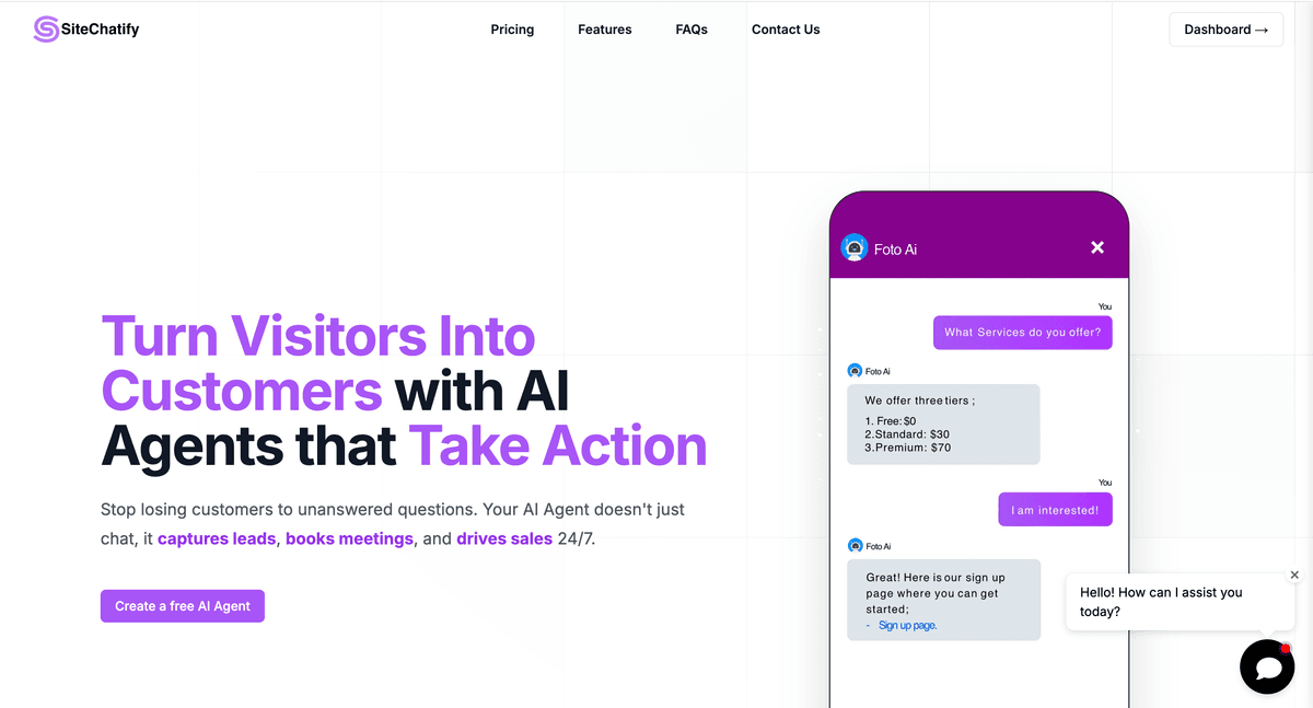 Screenshot of sitechatify.com hero on the home page